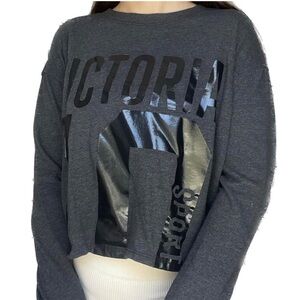 Victoria Sport Gray & Shiny Black Cropped Sweatshirt